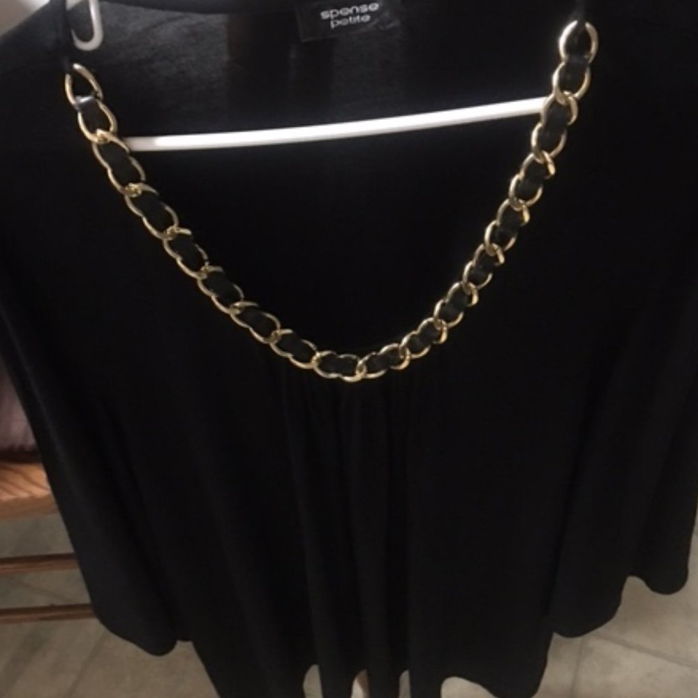 Spense Petite Black Top with Gold Chain Neckline L/XL